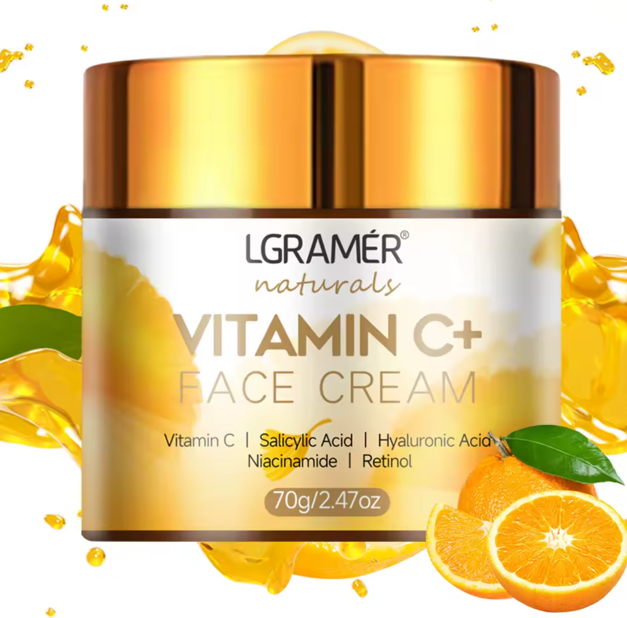 Vitamin C+ Face Cream jar with oranges and leaves on a white background