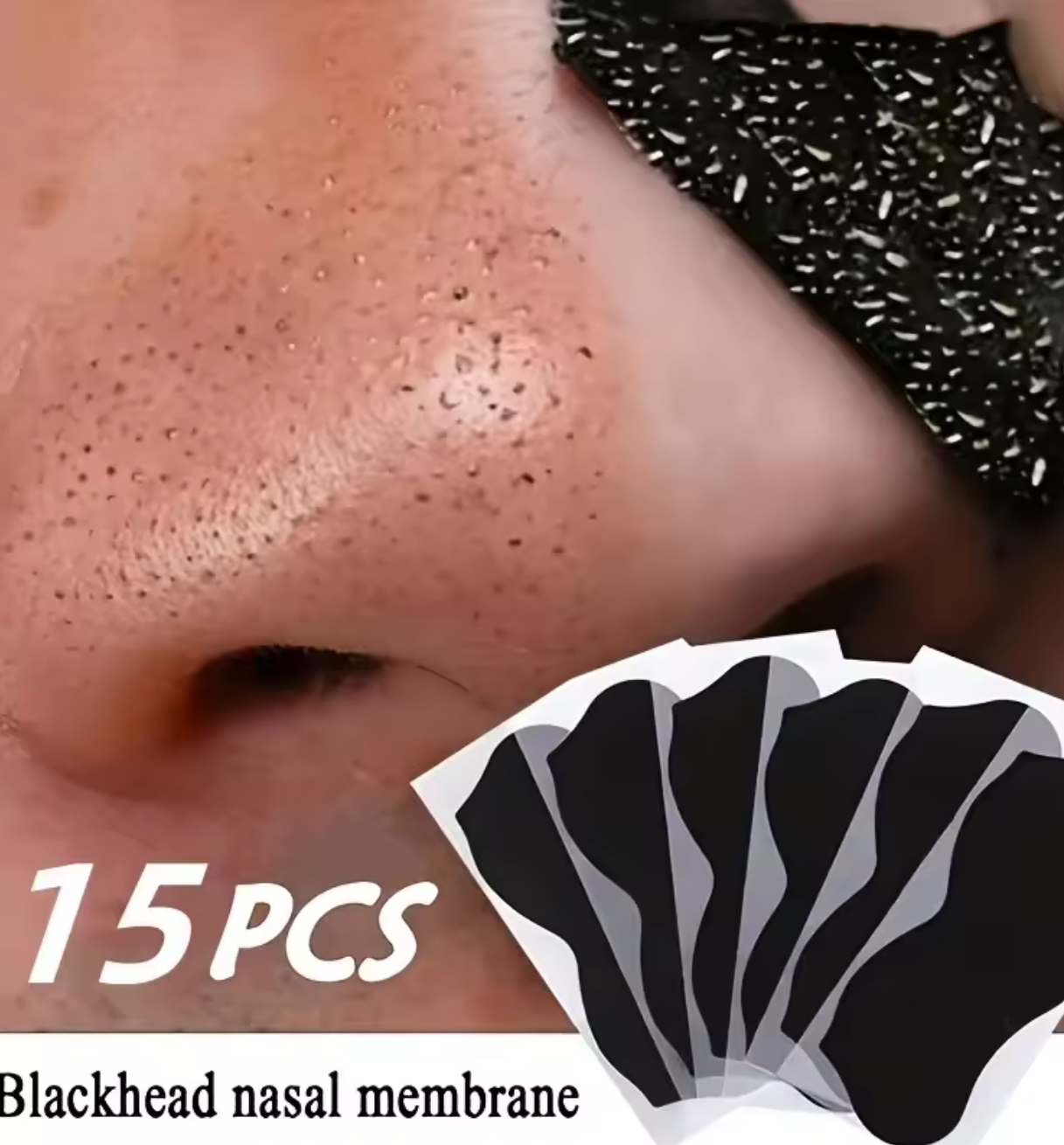 Blackhead removal product with a close-up of a nose and blackhead membranes.