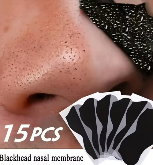 Blackhead removal product with a close-up of a nose and blackhead membranes.