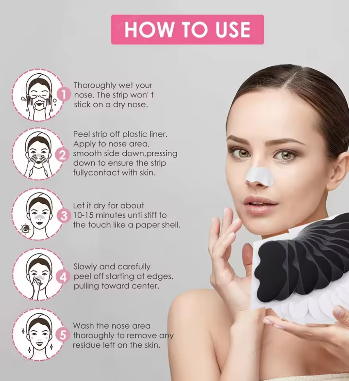 Instructions on how to black head nose strip with a model wearing it.