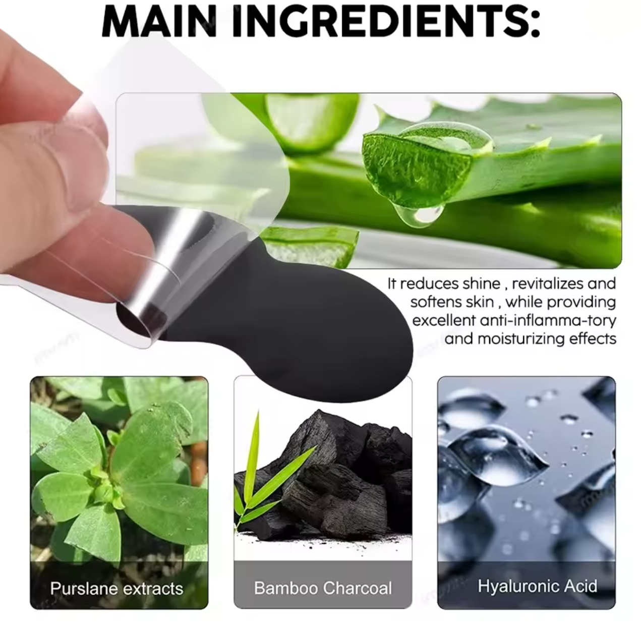 Product packaging with aloe vera, purslane extracts, bamboo charcoal, and hyaluronic acid displayed.