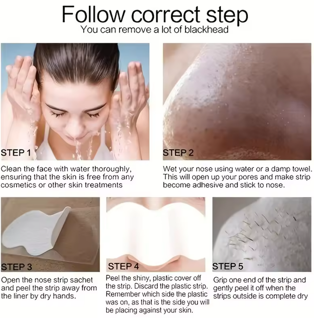 Step-by-step guide on how to remove blackheads with images and text instructions.