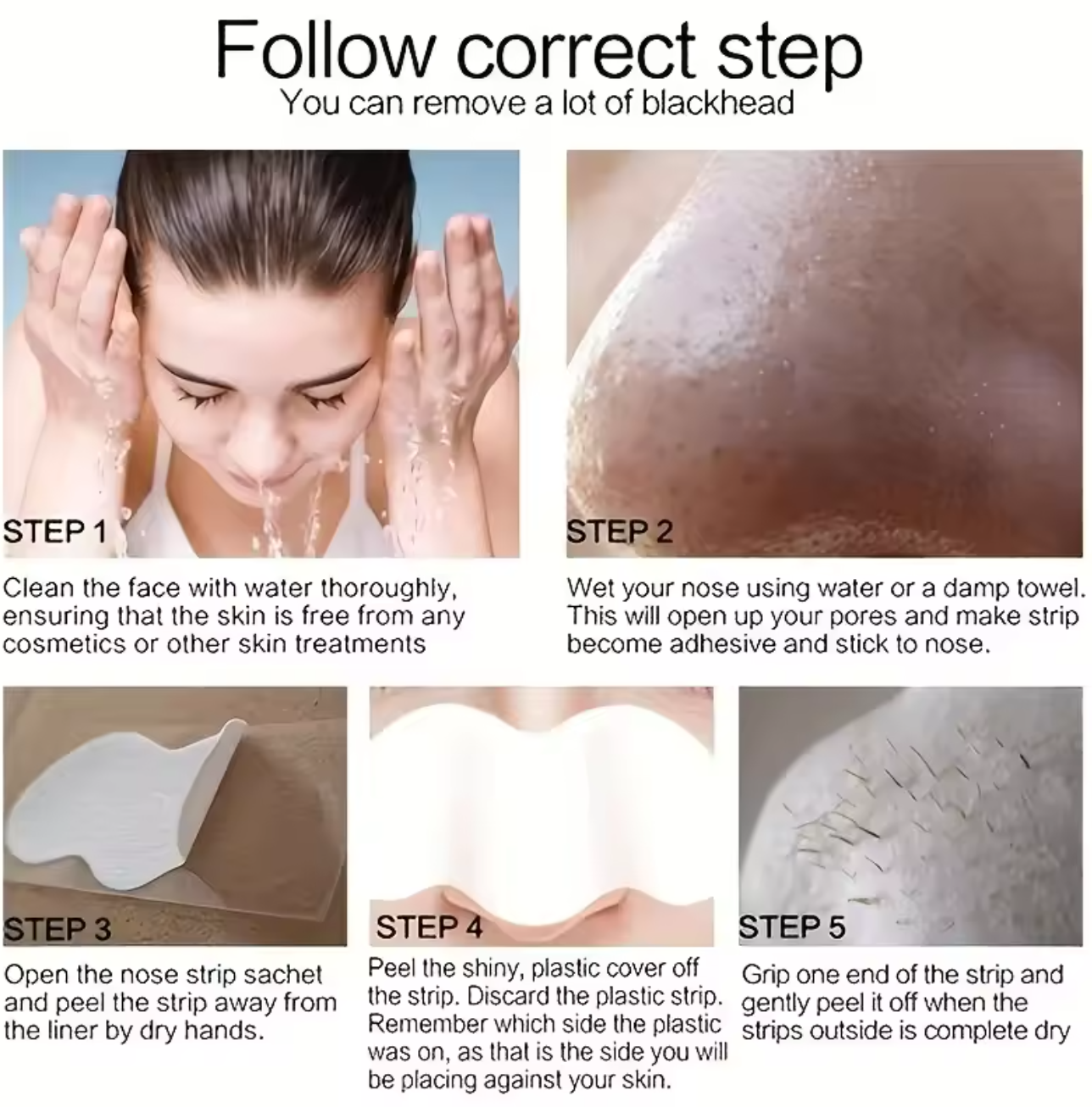 Step-by-step guide on how to remove blackheads with images and text instructions.