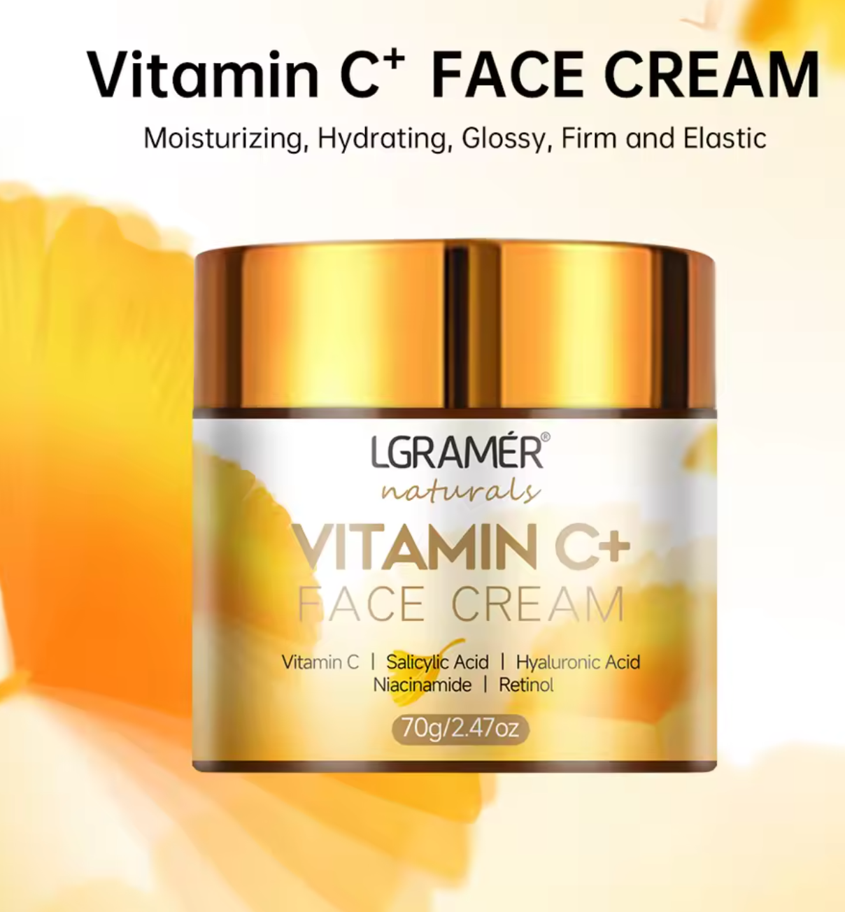  Vitamin C+ Face Cream jar with gold lid on a bright background