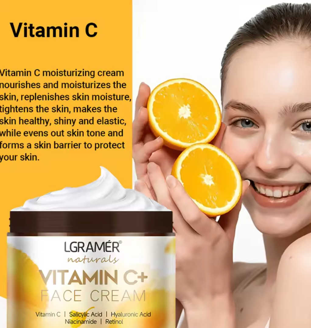 Vitamin C+ Face Cream with a woman holding oranges and text about vitamin C benefits.