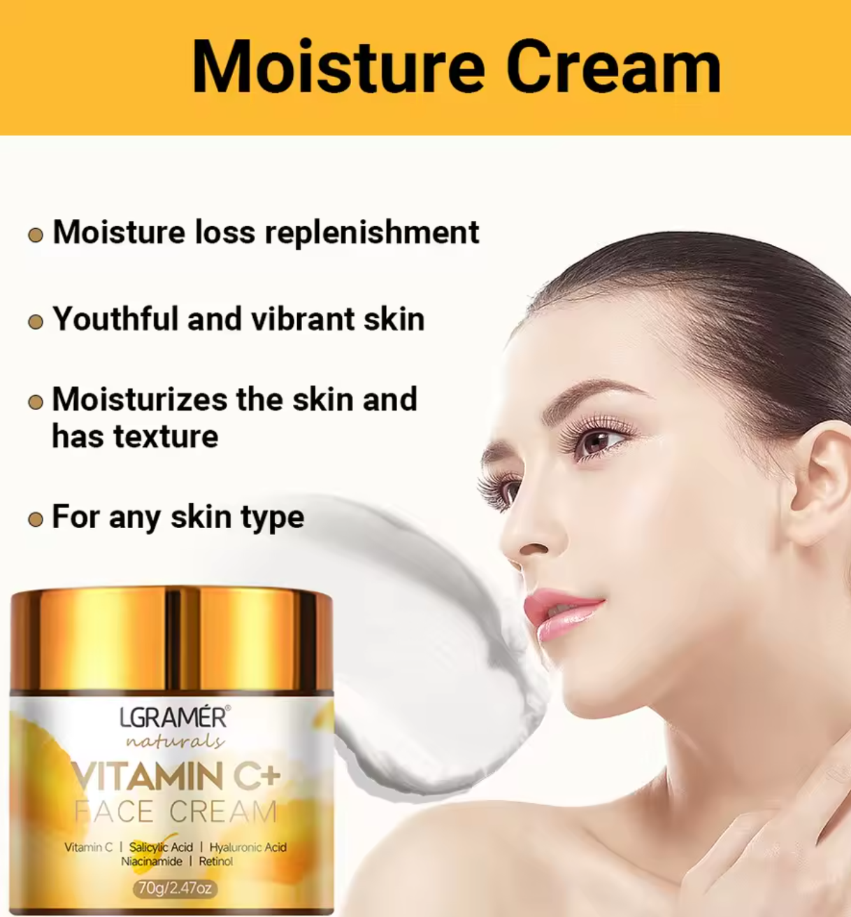 Vitamin C+ Face Cream with a woman's face and product details on a yellow background