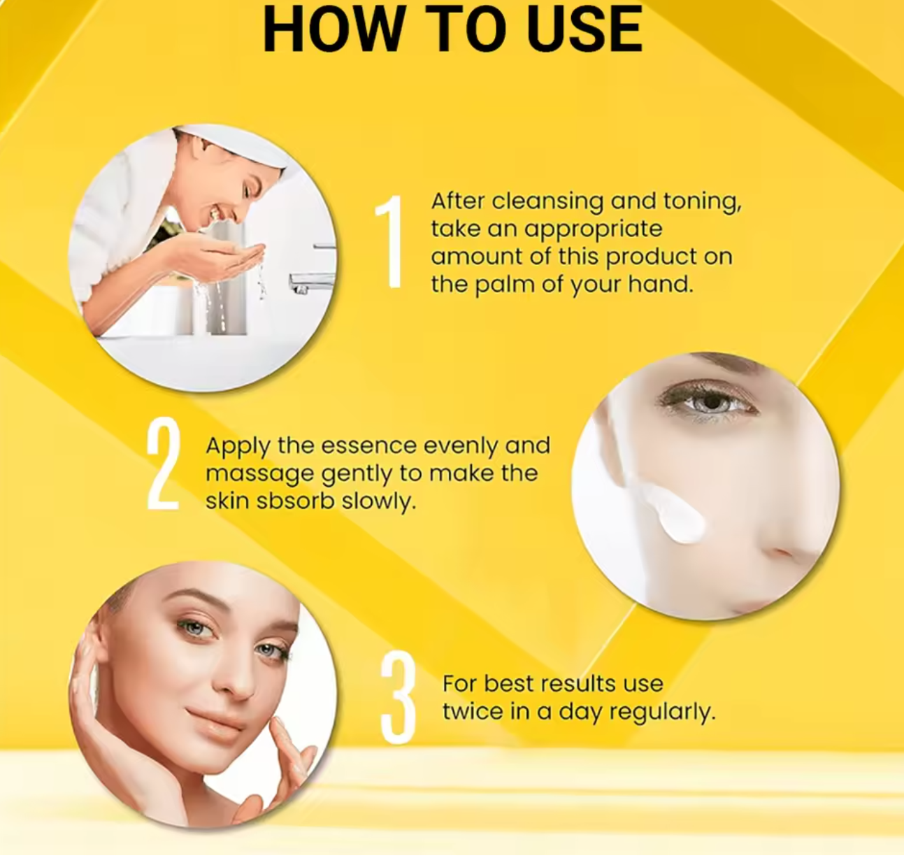 Instructions on how to use a skincare product with images and text on a yellow background
