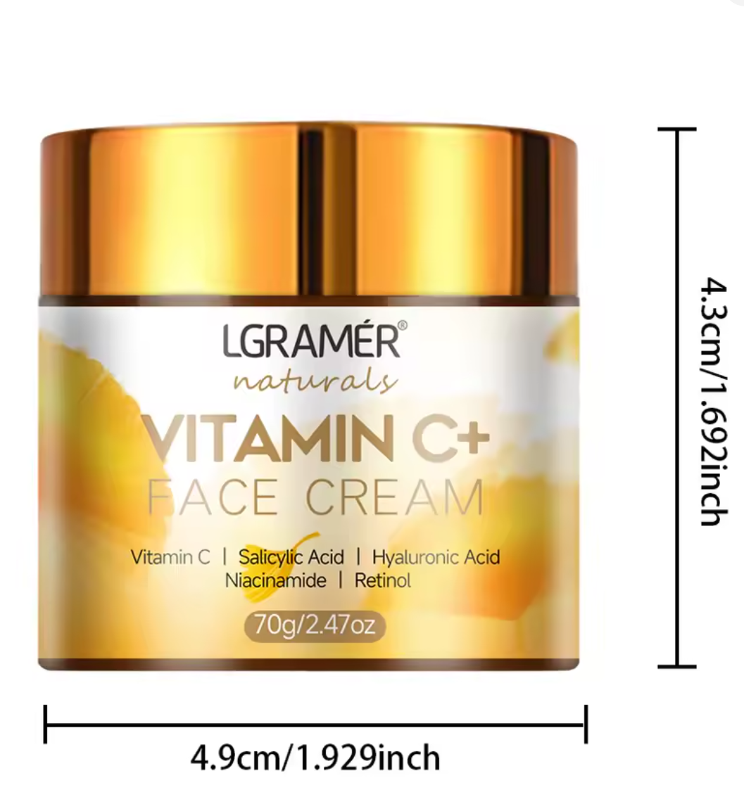 Vitamin C+ Face Cream jar with dimensions on a white background